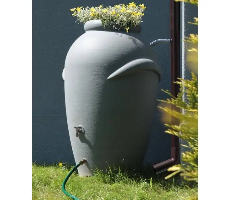 Duży ozdobny zbiornik na deszczówkę Aquacan, antracyt, 360L + kran + zestaw przyłączy