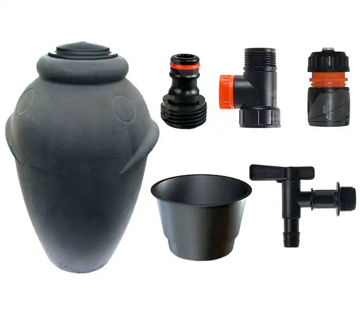 Duży ozdobny zbiornik na deszczówkę Aquacan, antracyt, 360L + kran + zestaw przyłączy