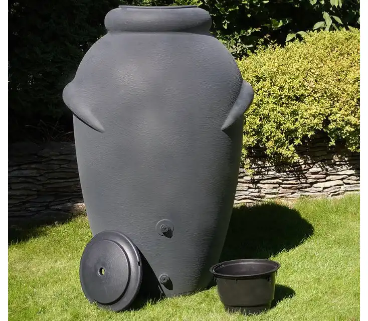 Duży ozdobny zbiornik na deszczówkę Aquacan, antracyt, 360L + kran + zestaw przyłączy